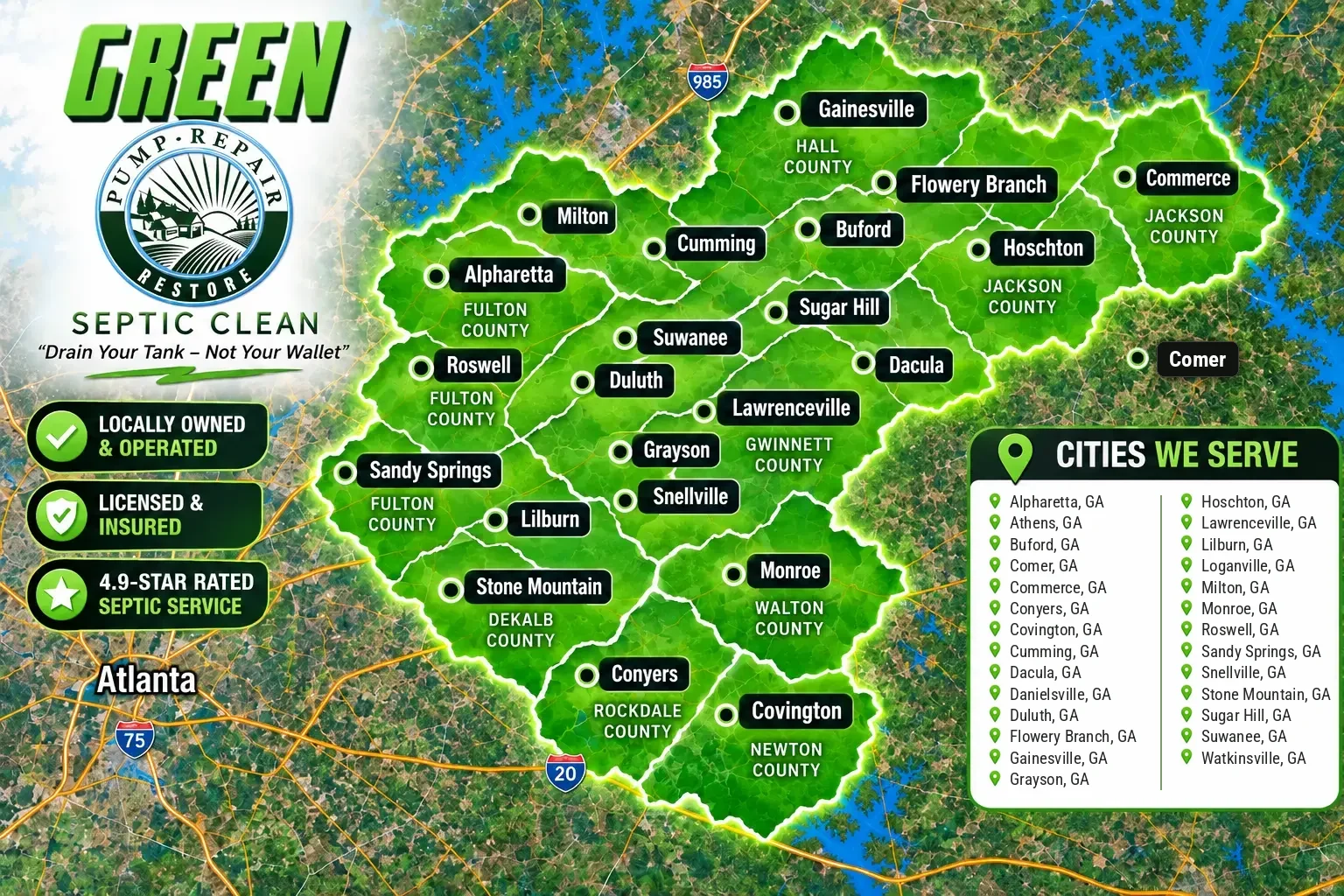 Green Septic Clean septic pumping, repair and cleaning service areas across Northeast Georgia and Metro Atlanta.