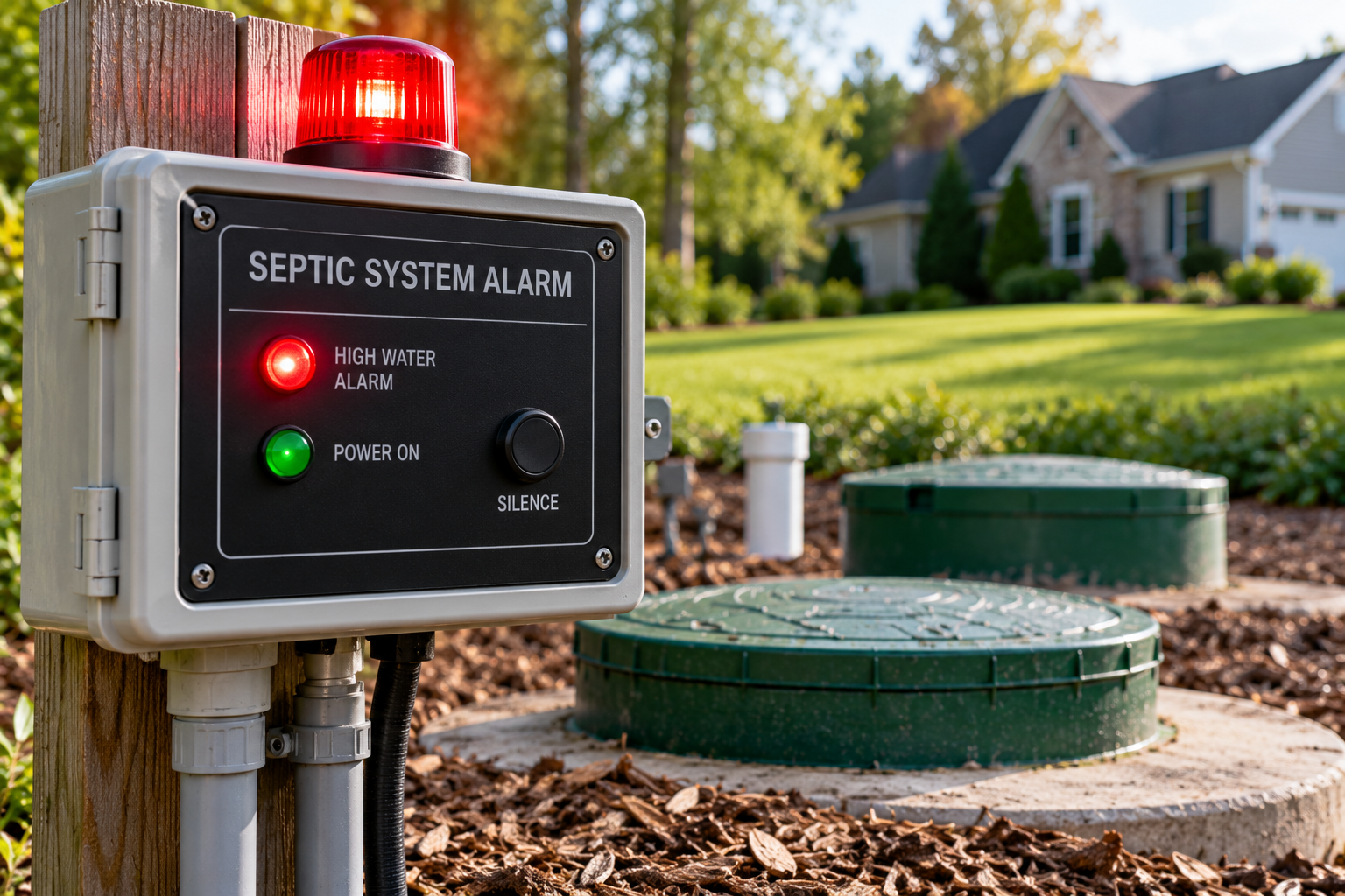 Septic system alarm panel with a flashing red high water light beside green septic tank lids